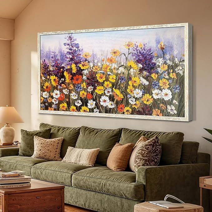 Ardemy Wildflower Wall Art Canvas Living Room Framed Daisy Floral Large Colorful Pictures Wall Decor Textured Purple Paintings Artwork for Walls Bedroom Home Office, 58"x29"