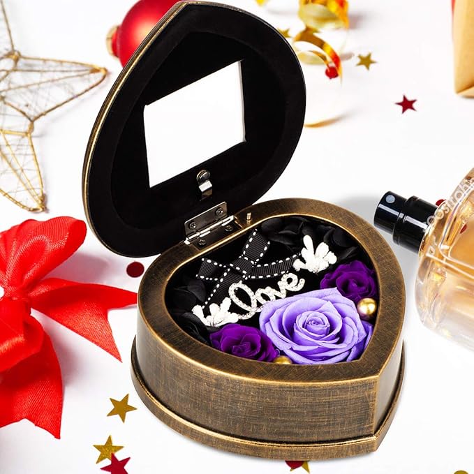 Handmade Preserved Flower Real Purple Rose in Musical Box with Photo Frame, Mother's Day Long Lasting Real Flower Gifts for Her Women Wife on Valentine's Day Birthday or Anniversary -Purple