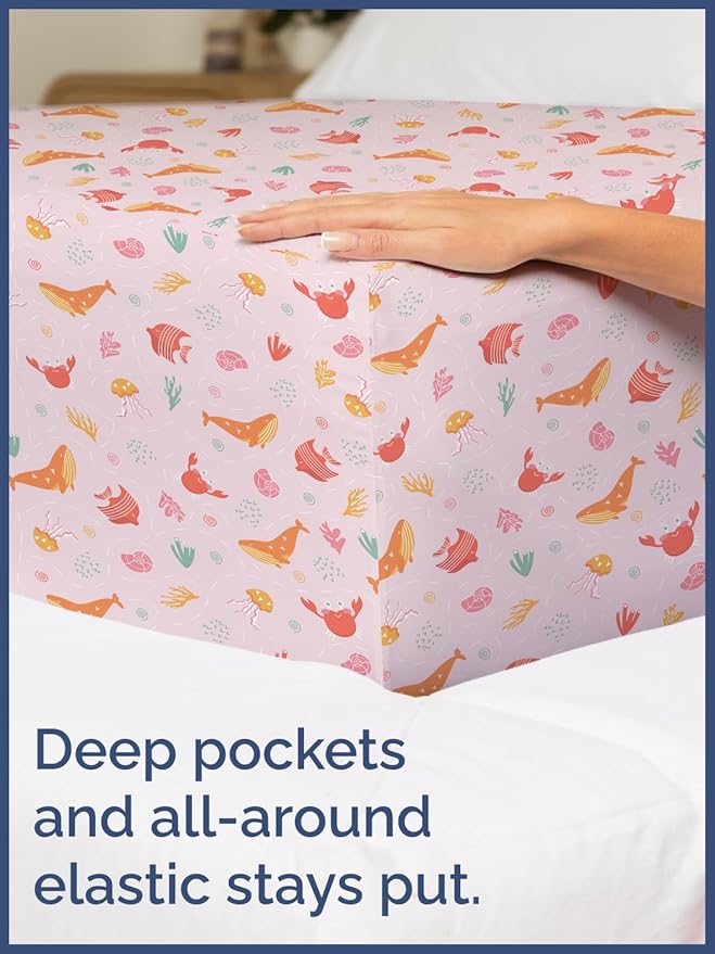 Kids Pink Fish Queen 4 Piece Sheet Set - Boys, Girls, Teens, Toddler - Easy Fit Deep Pockets - Breathable, Hotel Quality Kids Sheets - Machine Washable - Wrinkle Free - Cute, Cozy, Soft - CGK Linens