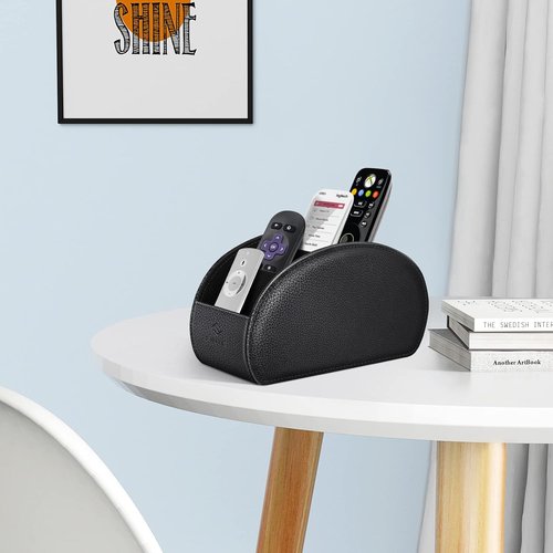 Fintie Remote Control Holder - 5-Compartment Vegan Leather Organizer for TV Remotes & Office Supplies | Black