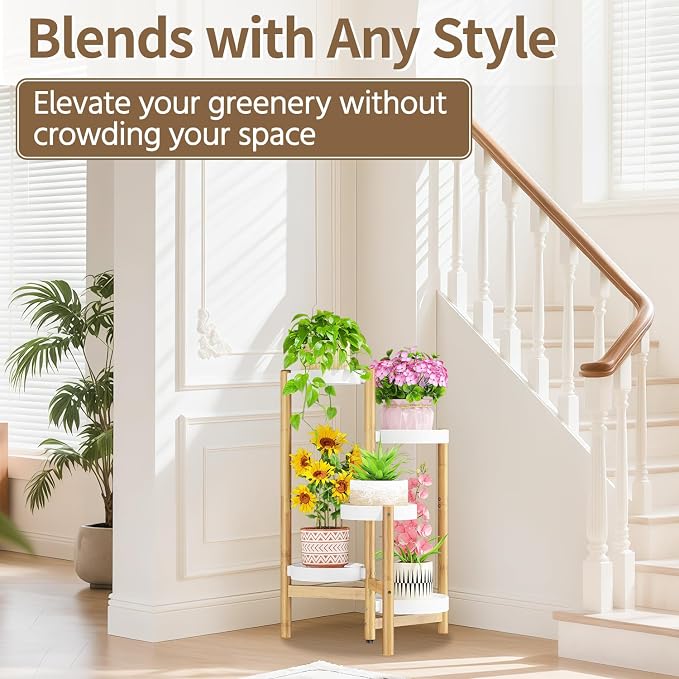 LASZOLA Bamboo White 5 Tier Heavy Duty Plant Stand Indoor, Tall Multiple Level Vertical Planter Rack for Modern Narrow Corner, Slim Spiral Flower Holder Organizer Display for House Decor, Plastic Tray