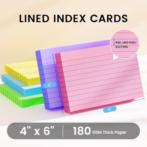 Index Cards | 4x6 Ruled Color Flash Cards - 200 Sheets for Effective Studying & Note-Taking