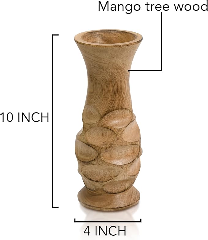Aeravida Beautifully Carved Natural Mango Tree Wood Rustic Vase | Modern Flower Vase | Mango Tree Wood Kitchen Decor | Handmade Vase | Carved Shaped Vase