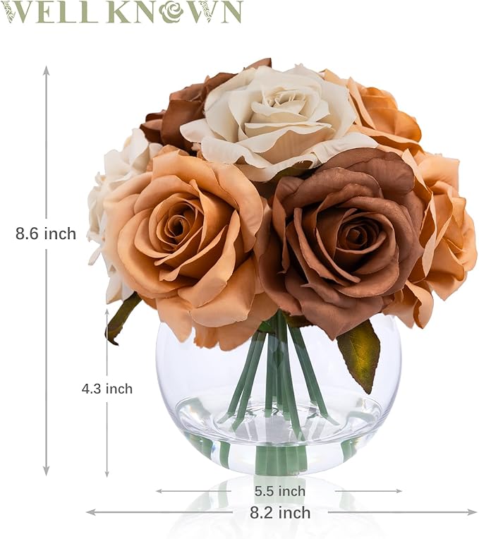 WELL KNOWN Silk Rose Artificial Flowers Arrangements with Vase, Artificial Coffee & Orange Rose Bouquet in Vase with Faux Water for Fall Home Party Wedding Table Centerpieces Decor & Gift (Earth)