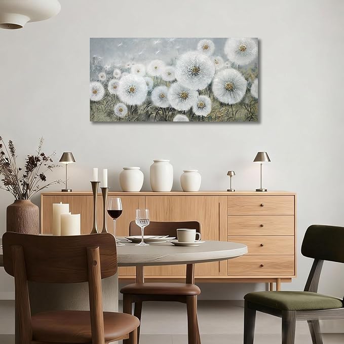 Ardemy Flower Wall Art Canvas Dandelion Painting White Floral Picture, Textured Large Framed for Living Room Bedroom Kitchen Dining Room Bathroom Home Office Decor 40"x20"
