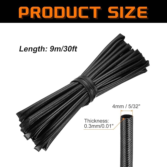 MECCANIXITY 30ft Braided Cable Sleeve, 5/32" ID 200C High Temperature 1500V Fiberglass Wire Insulation Cord Protector Organizer Wires Management for Motor Engine Fuel Line, Black