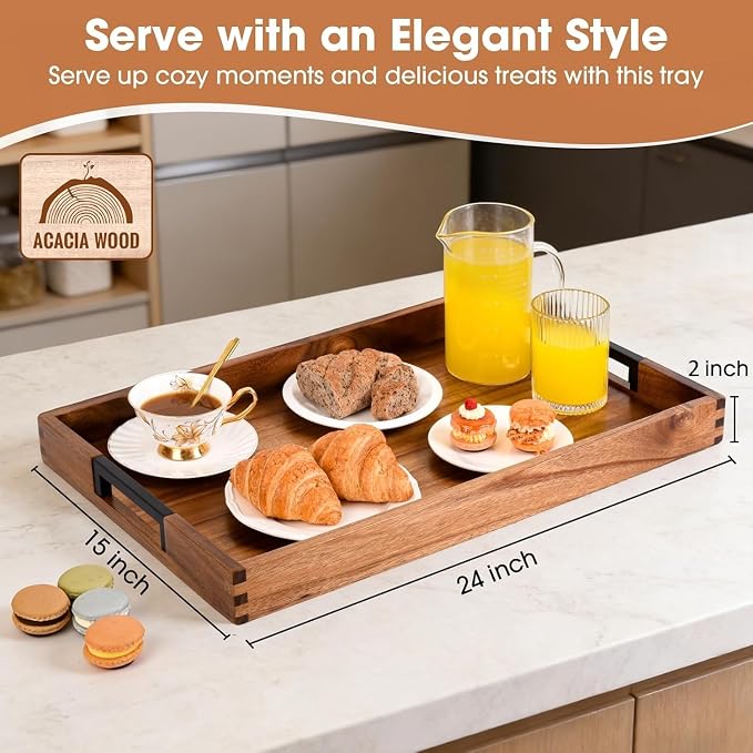Large Ottoman Tray for Living Room and Coffee Table, Decorative Acacia Wood Serving Tray with Metal Handles for Breakfast in Bed, Dinner Food Kitchen TV (Natural, 24" x 15" x 2")