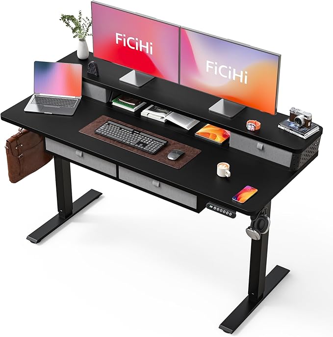 FiCiHi Adjustable Height Standing Desk with 4 Drawers,55 x 24 inches Electric Sit Stand Home Office Desk with Two Tiers, 3 Memory Presets, Monitor Stand Riser, C-Clamp Mount Compatible