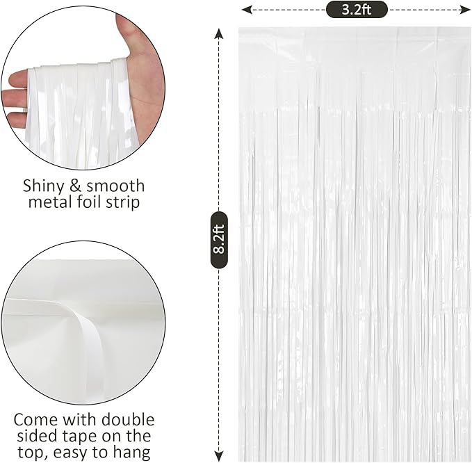 2 Pack 3.2 ft x 8.2 ft White Tinsel Curtain Party Backdrop Decorations, Metallic Foil Fringe Curtain for Wedding Parties Door Streamers Christmas Birthday Bachelorette Photo Booth Party Decor