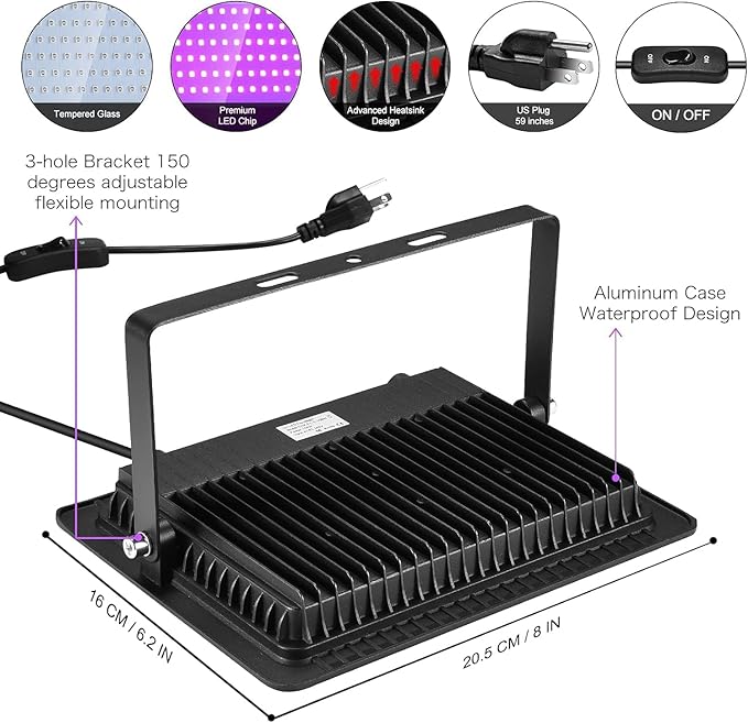 4 Pack 100W LED Black Lights, Blacklight Flood Light with Plug and Switch, 120VAC IP66 Waterproof Blacklight for Halloween Party, Glow in The Dark, Stage Light, Body Paint, Neon Glow