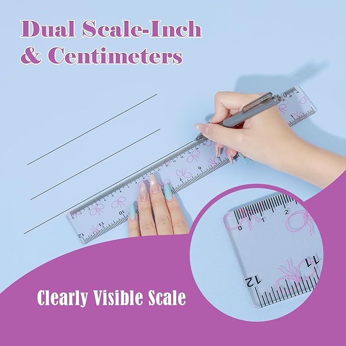BAYTORY 4Pcs Transparent Acrylic Ruler 12 Inch, Clear Plastic Straight Rulers, Shatterproof Student Stationery Centimeters with Inches, for Classroom Essentials School Supplies (Bowknot)