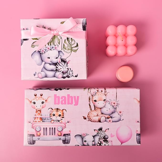 Altarho Baby Shower Wrapping Paper Roll - Pink Woodland Animals Truck Design Gift Wrap Sheets for Kids Boys Girls Baby Shower Party Decoration Celebration Total 28.5sq.ft