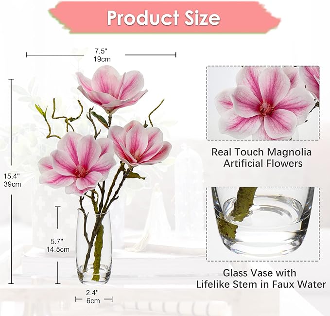 DILATATA Faux Flowers in Vase 15.4" Magnolias Flowers Arrangement with Faux Water Real Touch Flowers for Wedding Table Centerpiece Home Decor, Pink