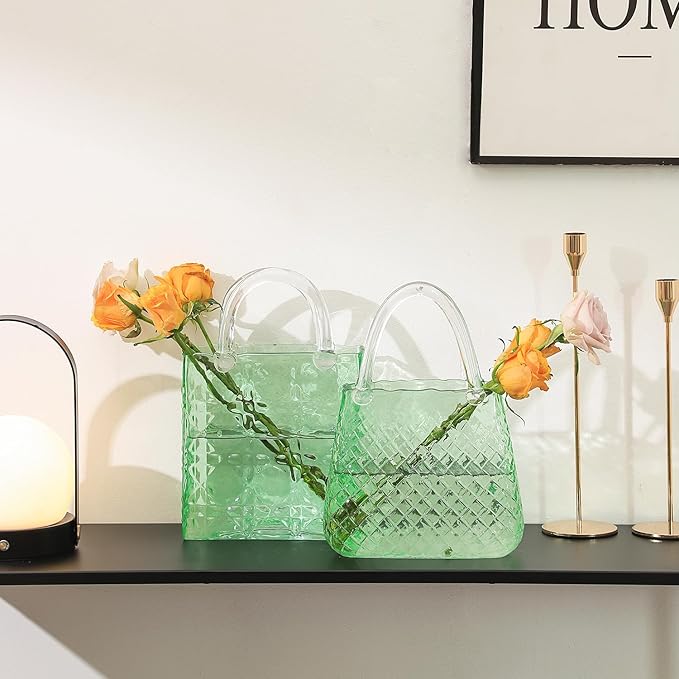 Purse Vase, Glass Bag Vase, Glass Purse Vase for Flowers, Green Vases, 12 Inch Large Flower Vases with Embossed Pattern for Wedding, Living Room, Bedroom, Table, Office(Tote)