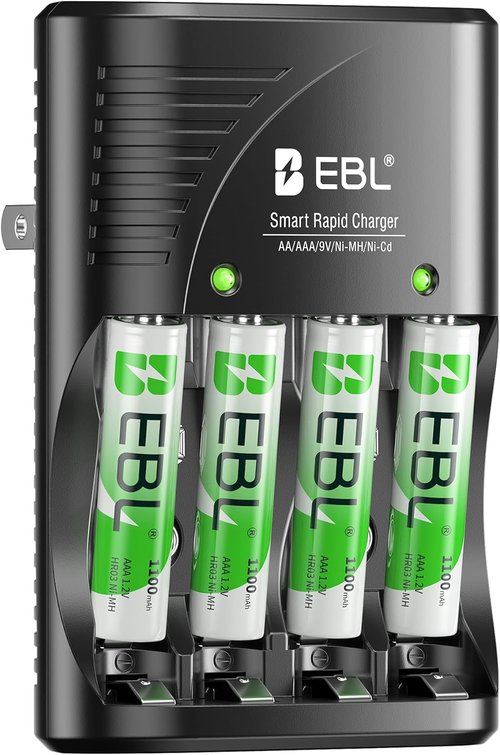 EBL Rechargeable AAA Batteries - 4-Pack with Foldable AC Charger for Ni-MH/Ni-CD Batteries