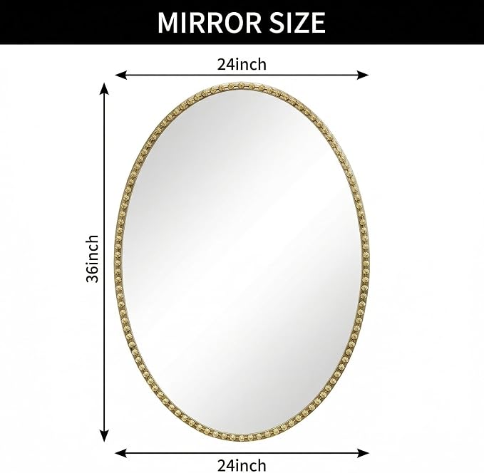 Gold Oval Bathroom Mirror, 24x36 Inch Floral Oval Mirrors for Wall, Antique Gold Metal Floral Frame Mirrors for Bedroom Living Room Hallway, Hangs Horizontally or Vertically