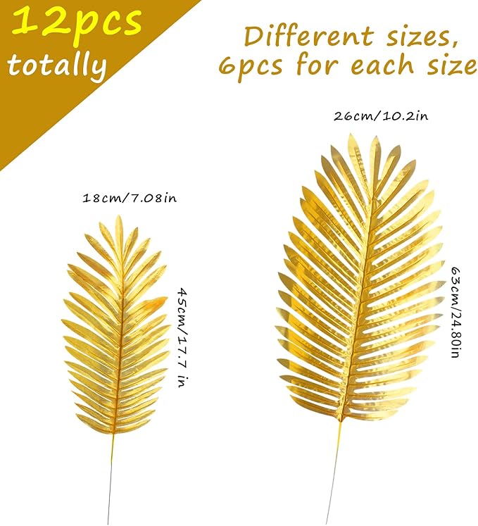CCINEE 12 PCS Golden Artificial Palm Leaves, Assorted Sizes Faux Large Palm Fronds Fake Tropical Plant Simulation Safari Leaves with Stems for Home Hawaiian Luau Party Jungle Beach Theme Party