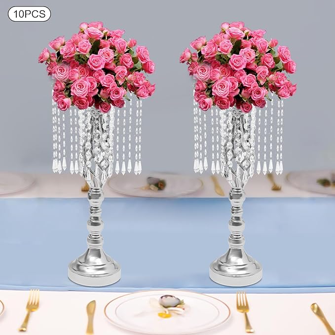 Vase | Bud Vases |10PCS Gold Crystal Flower Stands | Elegant Centerpiece for Weddings & Events | for Wedding Table Centerpieces, Aisle Guides, Party Decorations (Silver)