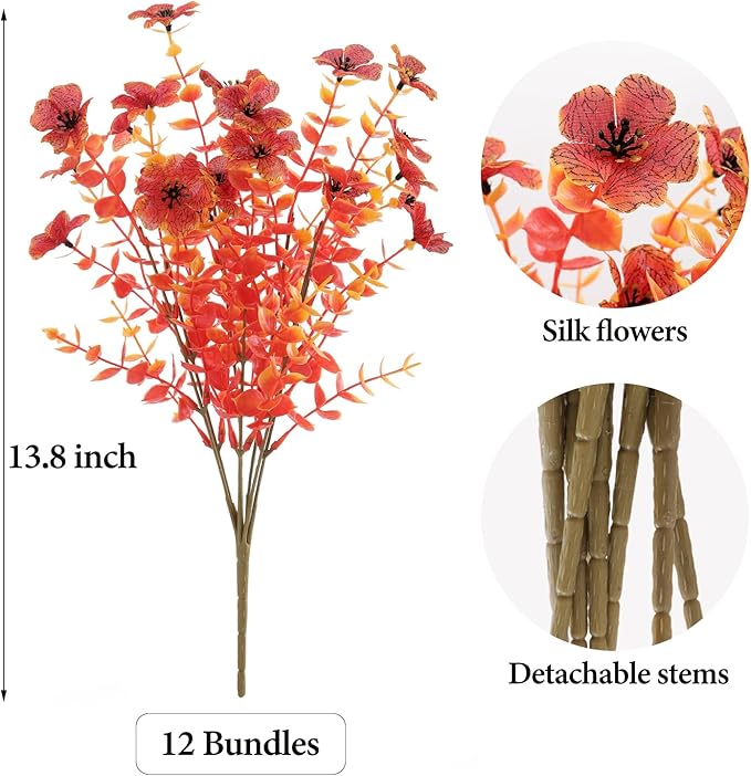 Artificial Fall Flowers Outdoor UV Resistant Fake Mums Bulk Outdoor Faux Mums Plants Plastic Flower Decorations for Home Garden Porch Hanging Planter Vase Autumn Decor Outside, 12 Bundles (Orange)