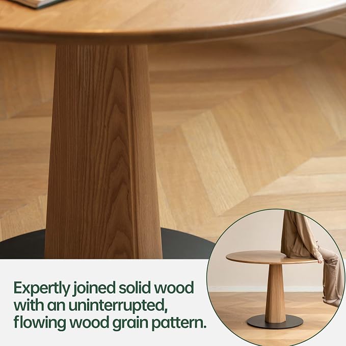 YESWOOD 43.3’’ Round Dining Table for 4, Solid Ash Wood Kitchen Table with Metal Pedestal Base, Farmhouse Dinner Table for Dining Room, Living Room, Study, Natural
