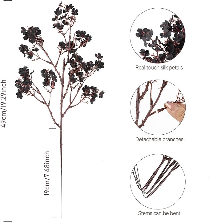 Babys Breath Artificial Flowers, 8 Bundles Real Touch Black Fake Flowers Silk Flowers Bulk for Vase Home Office Wedding Indoor Outdoor Centerpiece Table Party Halloween Decorations
