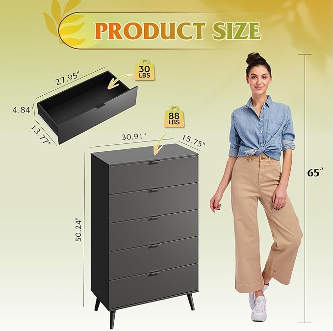 WLIVE 5 Drawer Dresser for Bedroom, Tall Wooden Dresser, Black Dressers Storage Organizer with Sturdy Metal Handle, Chest of Drawers for Living Room, Hallway, Closet