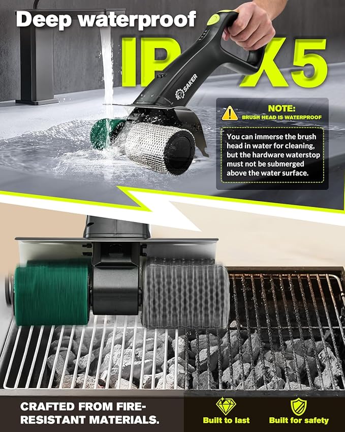 Saker Electric Grill Brush for Outdoor Grill, Bristle-Free Automatic Grill Cleaning Brush with 450 RPM & LED Light, Grill Rescue BBQ Brush Set with 3 Interchangeable Heads
