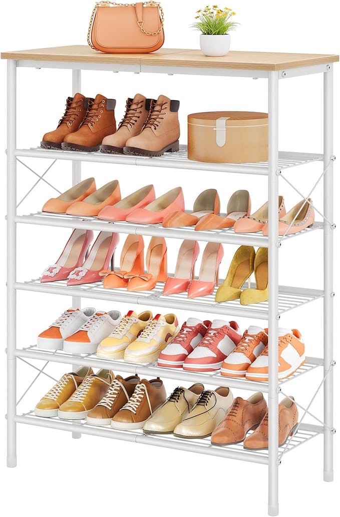 Tajsoon 6 Tier Shoe Rack Organizer for 20-24 Pairs of Shoes, Metal Mesh Shoe Shelf for Closet, Industrial Shoe Rack for Entryway Shoe Storage with X Shape Fixed Frame, White & Log