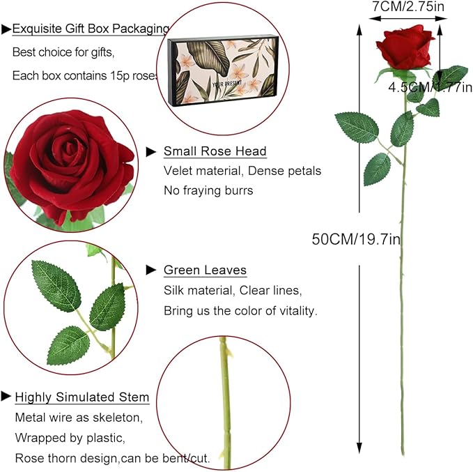 15Pcs Pearl Red Roses Artificial Flowers Fake Roses Long Stem Velet Rose Silk Flowers for Home Wedding Decoration (Pearl Roses,Deep Red)