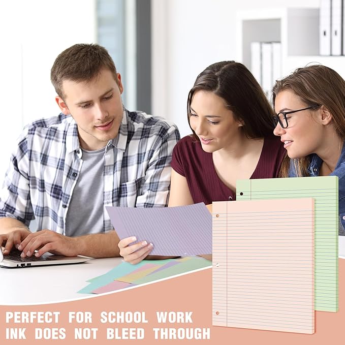 PerKoop 400 Sheets Colored Loose Leaf Paper 8.5" x 11" college ruled Lined 3 Hole Punched notebook Filler Paper for 3 Ring Binders Office School Supplies (Aesthetic Color)