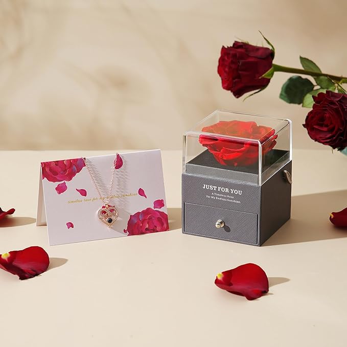 ADDWel Rose Gifts for Mom from Son Daughter - Real Preserved Rose with Mothers Day Necklace and Meaningful You are My Sunshine Music Box for Women, I Love You Mom Gifts for Birthday or Mother's Day