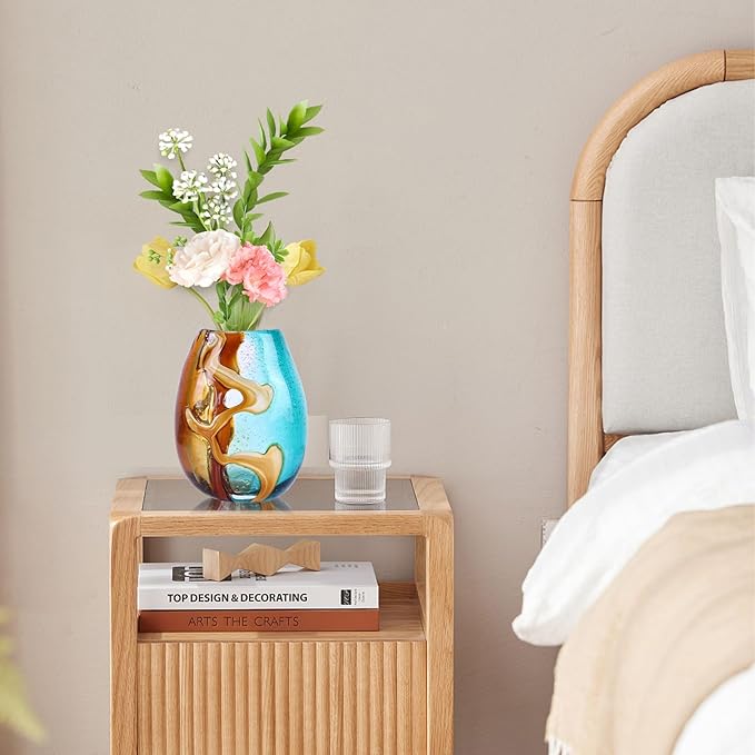 Pretty Hand Blown Glass Vase, Colored Glass Flower Vases Home Decor, Amber and Teal Decorative Murano vase for Living Room Office Bedroom Coastal Table Centerpieces Gift