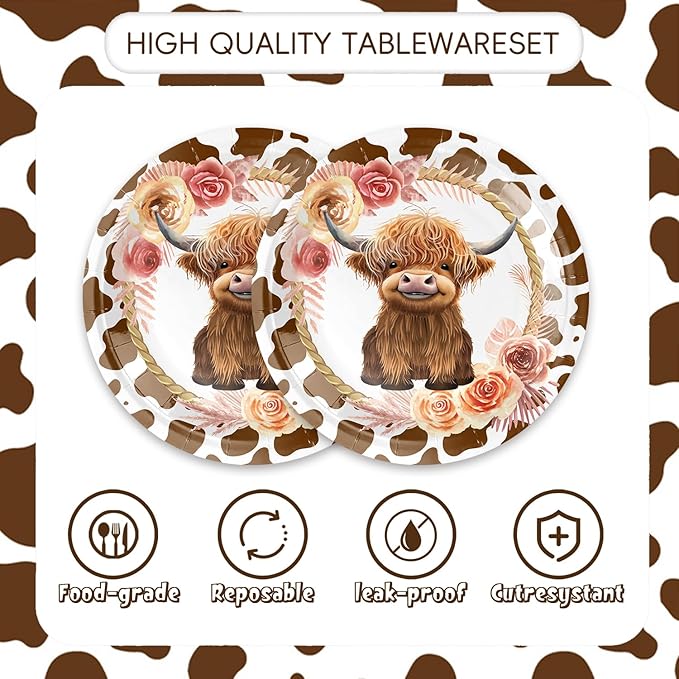 48pcs Highland Cow Party Decoration Set,16 Dessert plate,16 Napkin And 16 Fork,16 persons Highland Cow Baby Shower Disposable tableware,Used Holy Cow Baby Boy Birthday Party Supplies