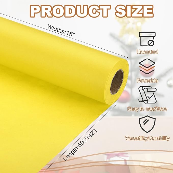PATIKIL Wrapping Paper, 15" x 500"(42') 70 GSM Craft Paper Roll Kraft Packing Paper for Poster Bulletin Board, Gift Wrapping, Yellow