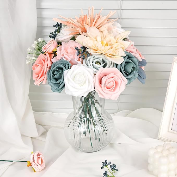 Artificial Flowers Combo Box Dusty Blue Pink Artificial Flowers for DIY Tables Centerpieces Baby Shower Bridal Shower Wedding Bouquet Party Decor