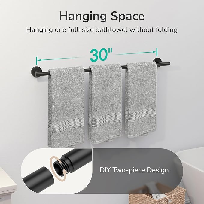 USHOWER Matte Black Bath Towel Bar, 30-Inch Towel Racks for Bathroom Wall-Mounted, SUS304 Stainless Steel Towel Rod (Total Length 32-Inch)