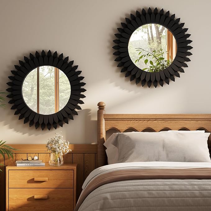 Boho Wood Sunburst Round Wall Mirror, 24 Inch Rustic Circle Wooden Frame Decorative Mirror for Farmhouse Coastal Home, Home Wall Decor for Living Room Entryway Bedroom, Light Wood