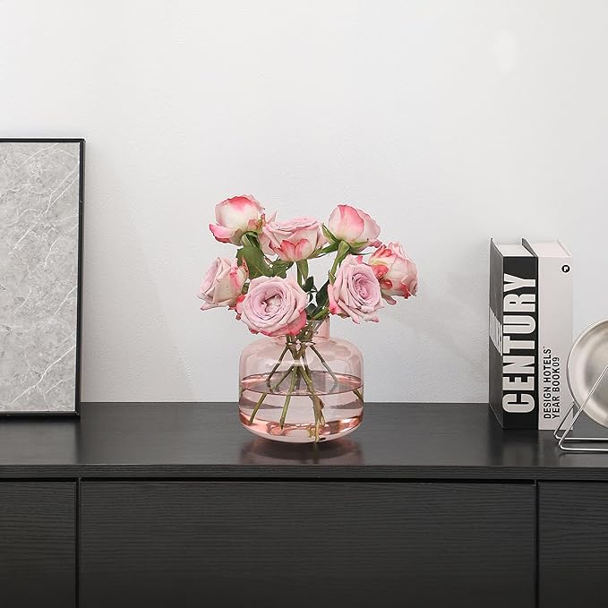 Pink Glass Vase, Short Flower Vase, Round Glass Vases for Flowers, 6 Inch Small Glass Vases for Living Room, Dining Table, Wedding, Bookshelf, Office, Coffee Table
