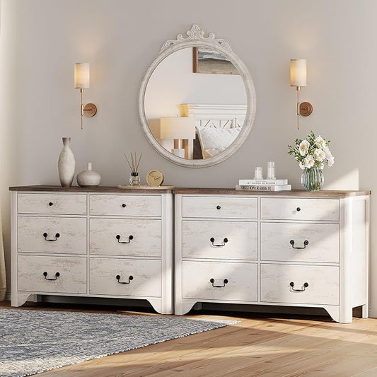 WAMPAT White Dresser with 12 Drawers, 94.5“ W Farmhouse Dresser TV Stand with Large Drawers, Rustic Wood Wide Chest of Drawers for Closet, Wood Dressers for Bedroom, Living Room, Hallway,