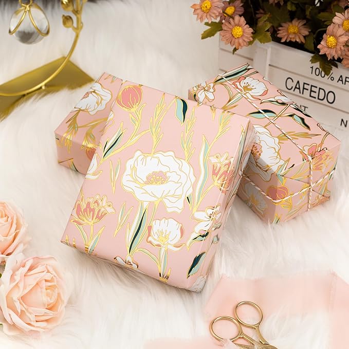 Merture Floral Wrapping Paper Roll - 17 In X 32.8 Ft - 1 Roll (46.5 sqft.ttl.) Pink Wedding Wrapping Paper Gift Wrap paper for Wedding, Bridal Shower，Valentines Day, Mothers Day, Birthday, Christmas