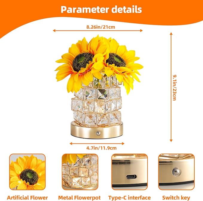 Birthday Gifts for Women,Sunflower Flower Touch Lamp,Rechargeable Cordless 3-Colour Dimming Small Night Light for Festival,Restaurant,Bedroom Housewarming Gifts for Mom