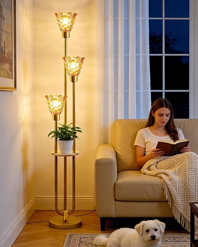 3-Light Modern Glass Floor Lamp with Shelf, Gold Tall Standing Lamp with Amber Flower Glass Shade, LED Floor Lamp with Foot Switch& 5Lbs Heavy Base for Living Room Bedroom, Bulb Included