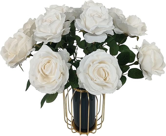 ATFL Fake White Roses Artificial Flowers Bulk,Floral Diameter 4'',20 Pcs Artificial Silk Roses Flowers with Stems for Wedding Arrangement Centerpieces Party Home Table Decorations (20, White)