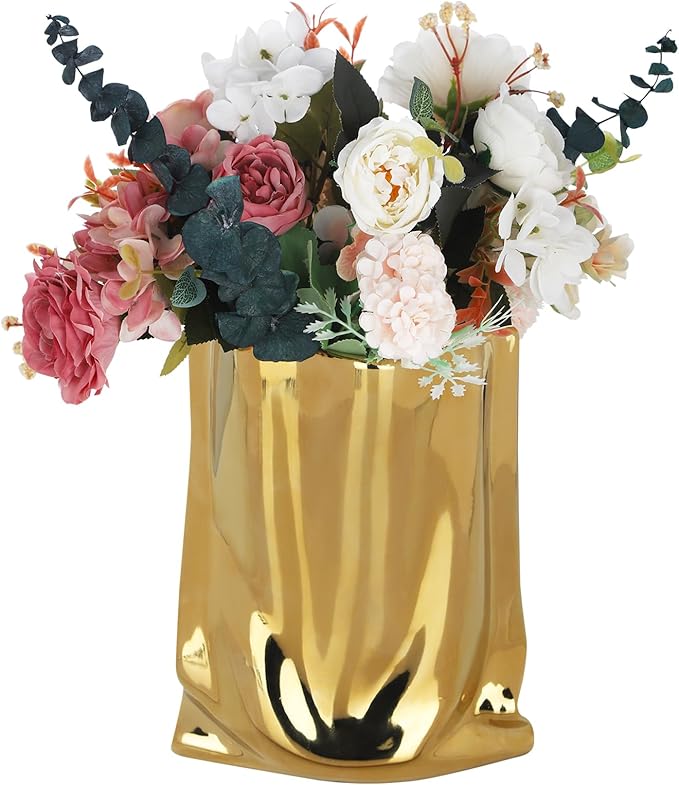 VanEnjoy Large Gold & Silver Ceramic Vases - Wide Mouth Home Decor, Chrome Handbag Vase