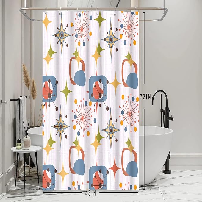 Mid Century Shower Curtain, 48x72inch, Modern Abstract Retro Pink Striped Geometric Shower Curtain Sets 1950s Boho Bathroom Shower Curtain with 8 Hooks