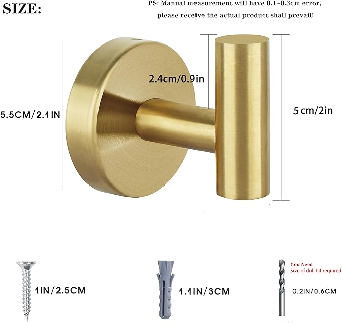 Towel Hooks for Bathroom 2 Packs Screw- in Gold Wall Mount Towel Holder Towel Rack, Heavy Duty Robe Coat Loofah Hooks for Shower, Kitchen,Hotel, Pool Tile, Brick Modern Style Decor Wall Hooks