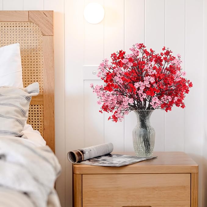 8Pcs Babys Breath Fake Artificial Flowers, Real Touch Red Pink Mix and Match Plants Silk Flowers for Vase Home Office Wedding Mother's Day Indoor Outdoor Centerpiece Table Party Decoration