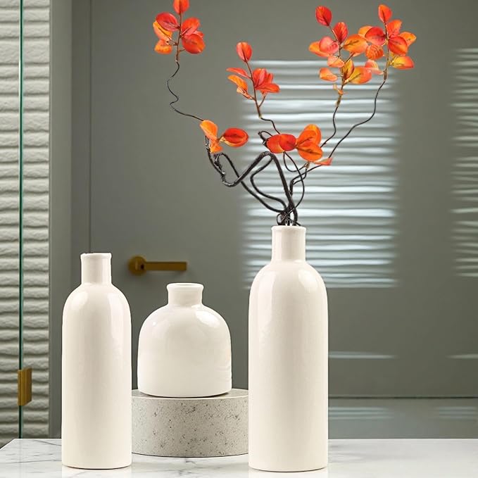 White Crackle Glaze Ceramic Vase Set 3-Piece – Home Decor Modern Decorative Vases Ideal Shelf Decor/Table/Living Room/Kitchen/Office Ideal for Pampas Grass & Floral Arrangements for Flowers