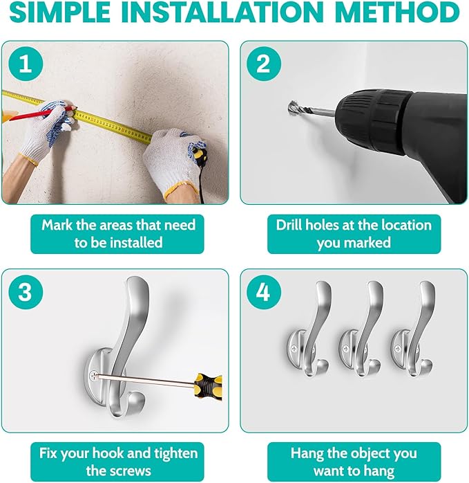 Coat Hooks Heavy Duty - Easy to Install Metal Towel Hooks Fashionable Wall Hooks for Hanging Hat, Towel, Key, Robe, Scarf, Bag, Cap (4 PCS Silver)