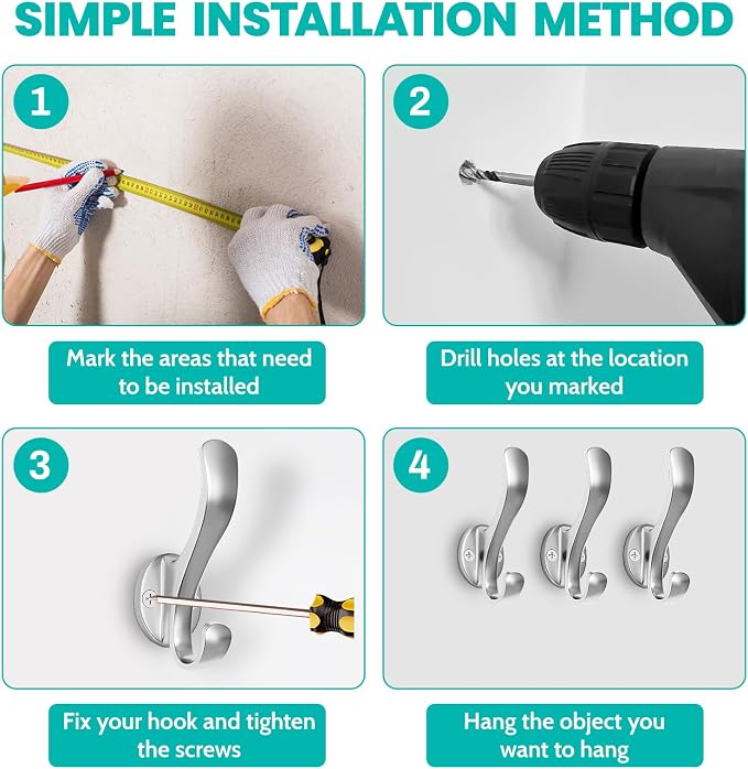 Coat Hooks Heavy Duty - Easy to Install Metal Towel Hooks Fashionable Wall Hooks for Hanging Hat, Towel, Key, Robe, Scarf, Bag, Cap (6 PCS Silver)